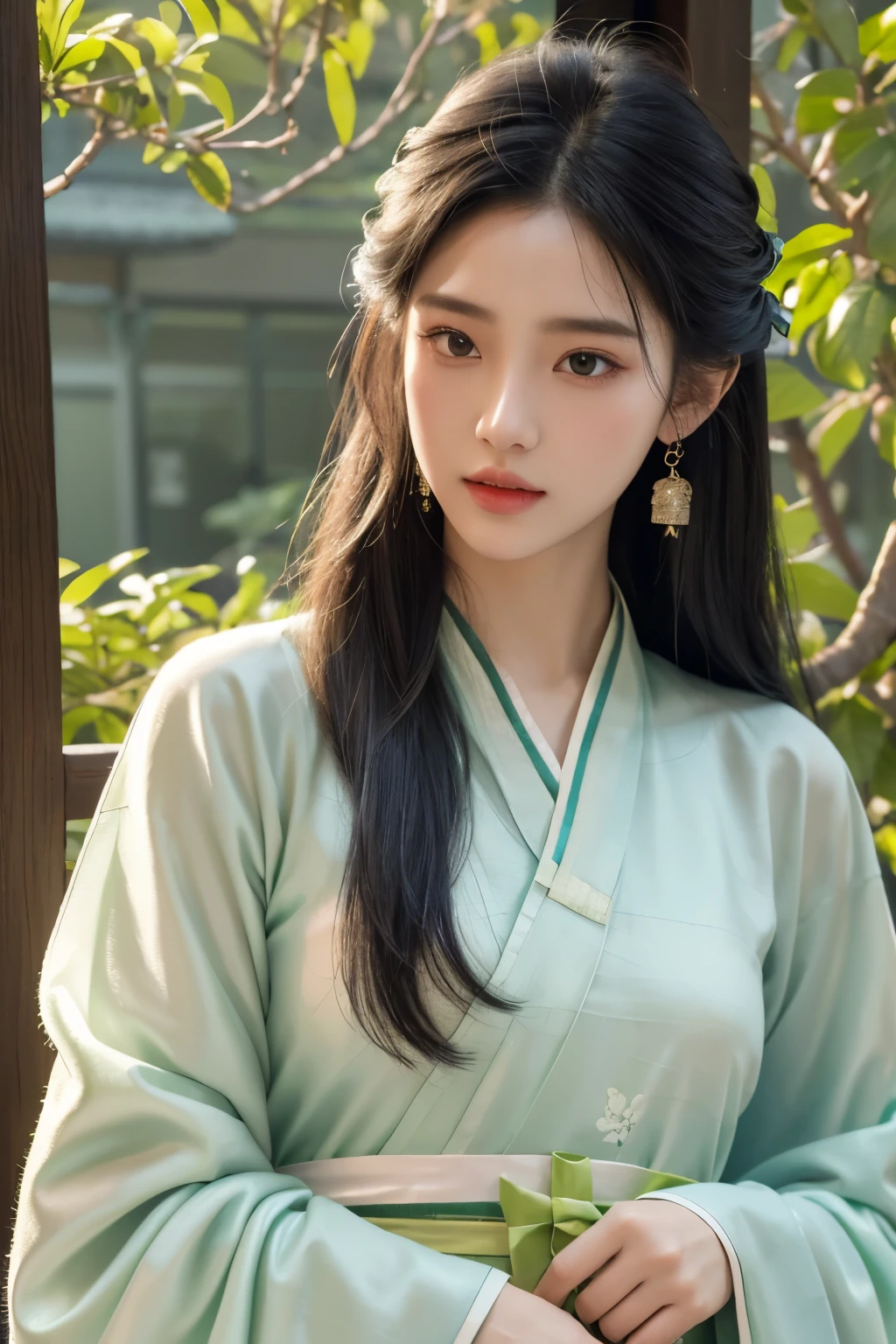 endless realism，（masterpiece，top quality，best quality），（1 girl solo：1.3，Close-up of face，upper body）， （Gentle eyes），（Green embroidered Hanfu，Tulle streamers），（hairpin，Black long hair），（Green Hanfu），Light pink lips，（young），earrings，(Clear facial features，Delicate skin texture，Pretty Face，Facial highlights，Above the waist）， stand up，fit，8K 超HD，SLR，Soft lighting，HD，high resolution，（Highly detailed CG Unity 8k wallpaper）