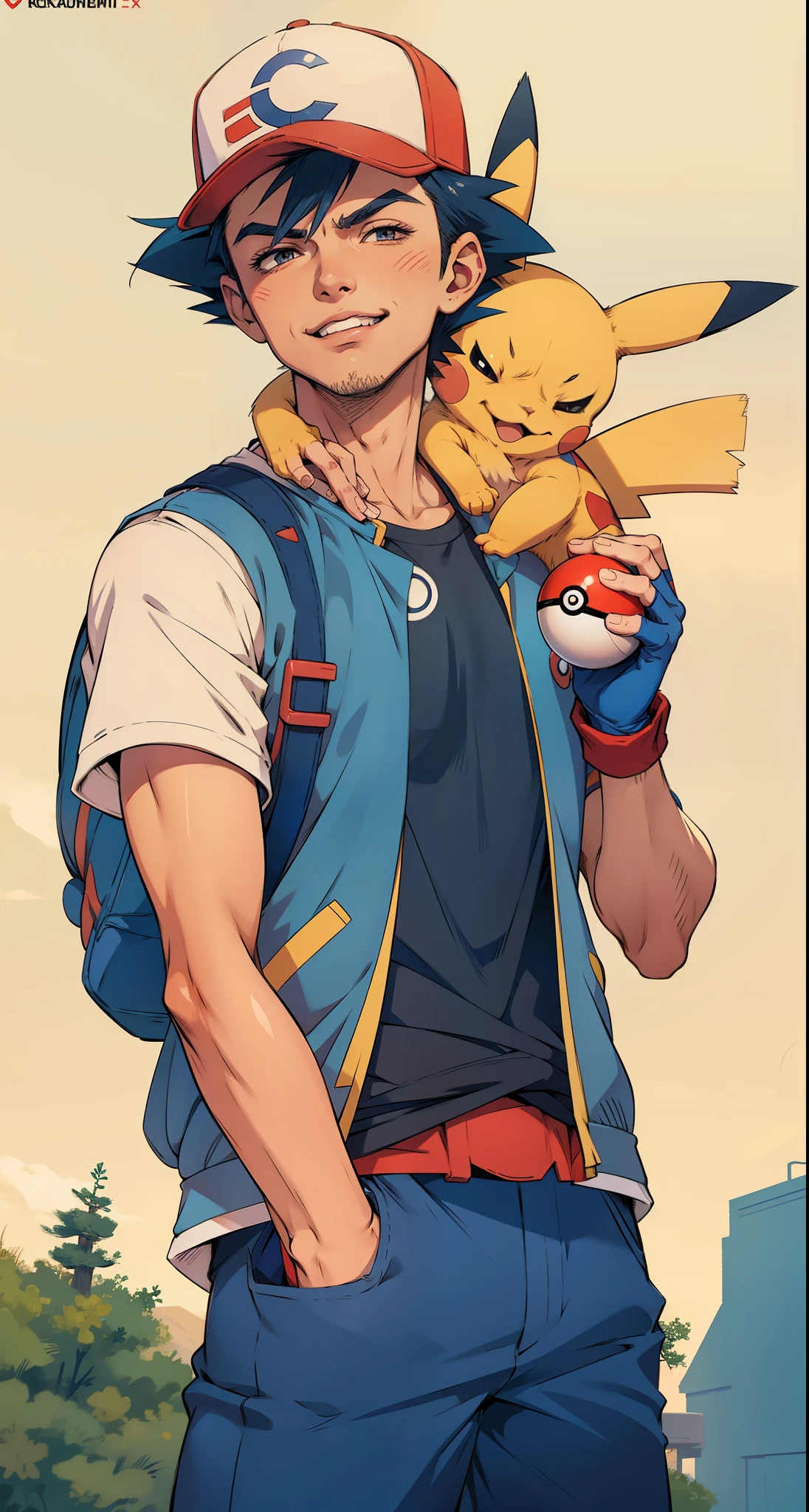 A cartoon picture of a man holding a pokemon pokemon character - SeaArt AI