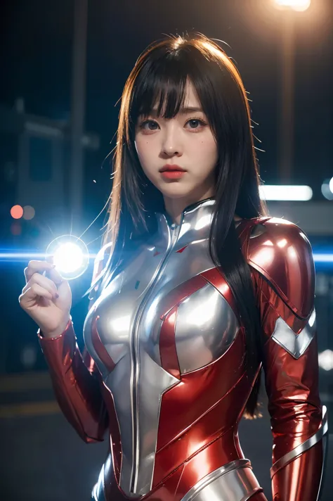 ultraman、realistic、realistic、cinematic lighting, girl in a shiny red and silver suit、15 years old、professional photos、don&#39;do...