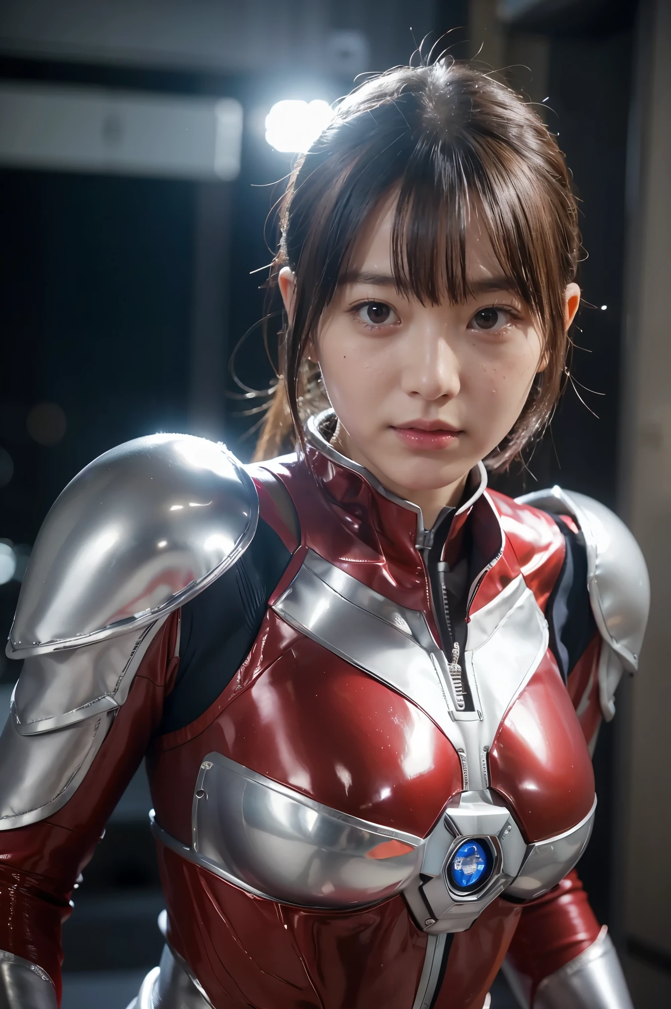 Ultraman、realistic、realistic、cinematic lighting, Girl in a shiny red and silver suit、15 years old、professional photos、Don&#39;Do not expose your skin, japanese model, japanese cgi、Ultraman Suit、, Power Rangers Suit、tight and thin cyber suit,Whole body rubbery、There&#39;s pink There、 delicate body, big breasts、small ass、thin thighs、thin arms、thin waist、camel toe、Both sides of the cyber suit stick to the skin、Big eyes、black short hair、facing the front、facing the front立っている、A glowing sphere is embedded in the chest.、Essay Examination、 blue sky background