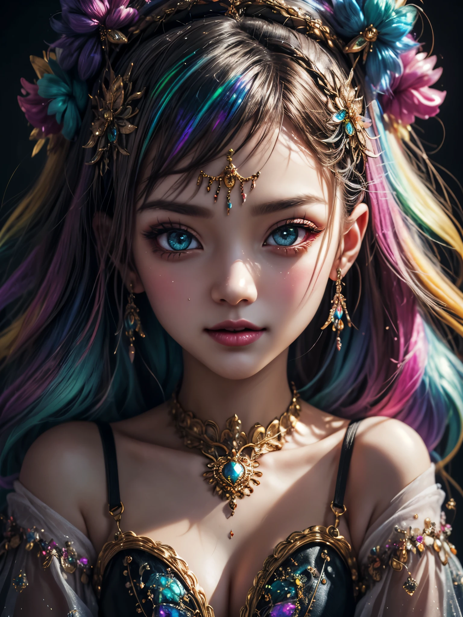 this artwork should be colorful and evoke feelings of euphoria and ecstasy. generate a beautiful fantasy woman with an interesting and dynamic manic expression. the woman is dressed in the style of harajuku decora fashion. there are many intricate and highly detailed decora fashion accents. clothing is ornate and extravagant with contrasting colors, textures, and patterns. include strong influences from lisa frank. include many awe-inspiring fantasy elements. ((include phantasmal iridescence, crystals, bumps, and rainbow colors that drip like paint through the artwork.)) rainbow paint should drip through hair and onto face and body. pay particular attention to a beautifully detailed face with realistic shading. include 8k eyes, highly detailed eyes, realistically detailed eyes, macro eyes, bright eyes. the overall feeling of this artwork should be happiness and excitement. the artwork should be highly ornate. impress me. the artwork should be highly creative and ultra ornate. include many decora decorations and accessories. (fantasy00d), high quality, highres, detail enhancement