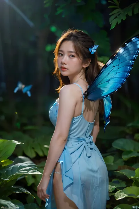 ((masterpiece, highest quality, Highest image quality, High resolution, photorealistic, Raw photo, 8K)), ((Extremely detailed CG unified 8k wallpaper)), A lone blue butterfly fluttering in the starry sky, Huge butterfly wings from the back, (blue glowing w...
