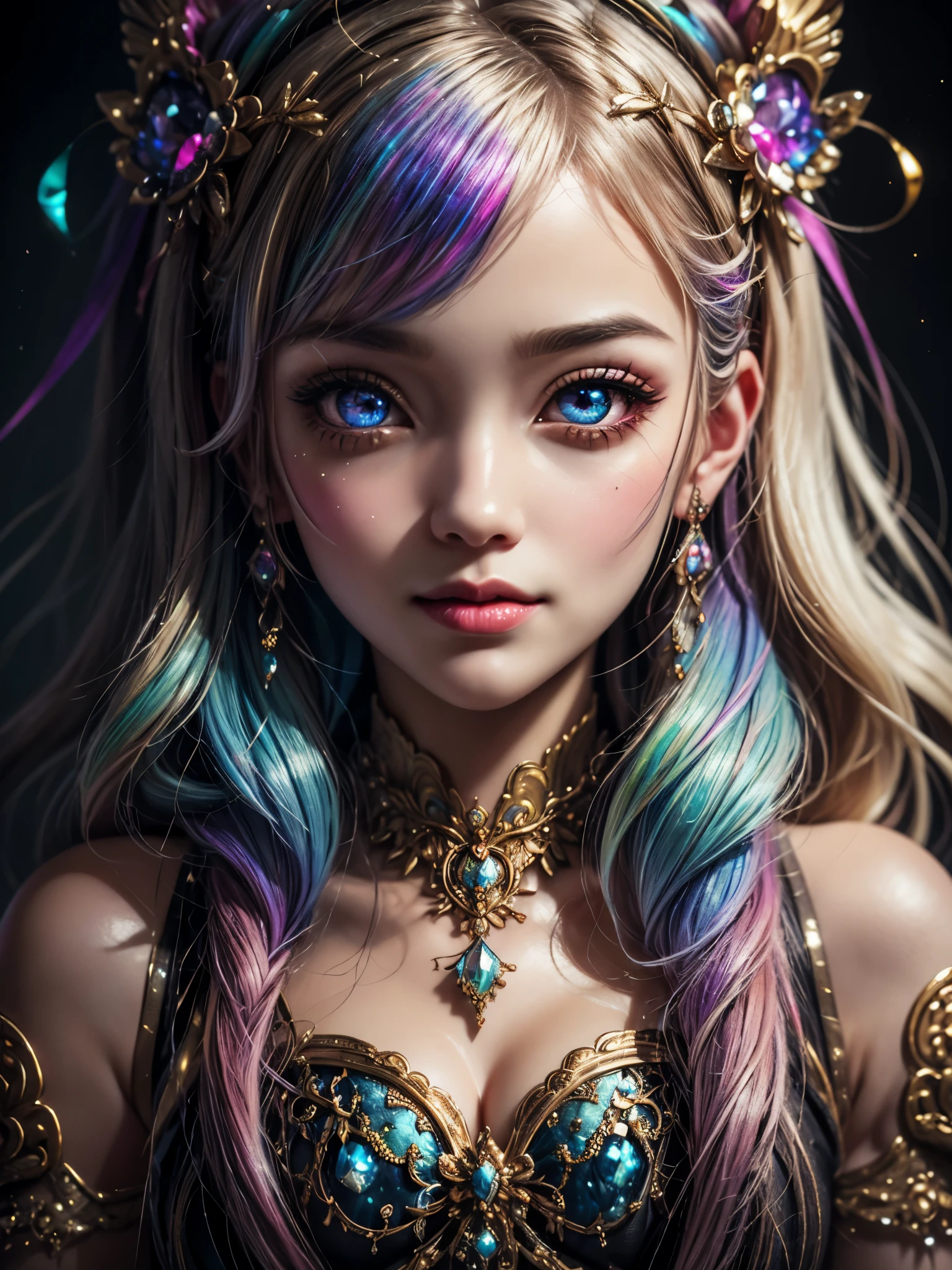 this artwork should be colorful and evoke feelings of euphoria and ecstasy. generate a beautiful fantasy woman with an interesting and dynamic manic expression. the woman is dressed in the style of harajuku decora fashion. there are many intricate and highly detailed decora fashion accents. clothing is ornate and extravagant with contrasting colors, textures, and patterns. include strong influences from lisa frank. include many awe-inspiring fantasy elements. ((include phantasmal iridescence, crystals, bumps, and rainbow colors that drip like paint through the artwork.)) rainbow paint should drip through hair and onto face and body. pay particular attention to a beautifully detailed face with realistic shading. include 8k eyes, highly detailed eyes, realistically detailed eyes, (((macro eyes))), bright eyes. the overall feeling of this artwork should be happiness and excitement. the artwork should be highly ornate. impress me. the artwork should be highly creative and ultra ornate. include many decora decorations and accessories. (fantasy00d), high quality, highres, detail enhancement