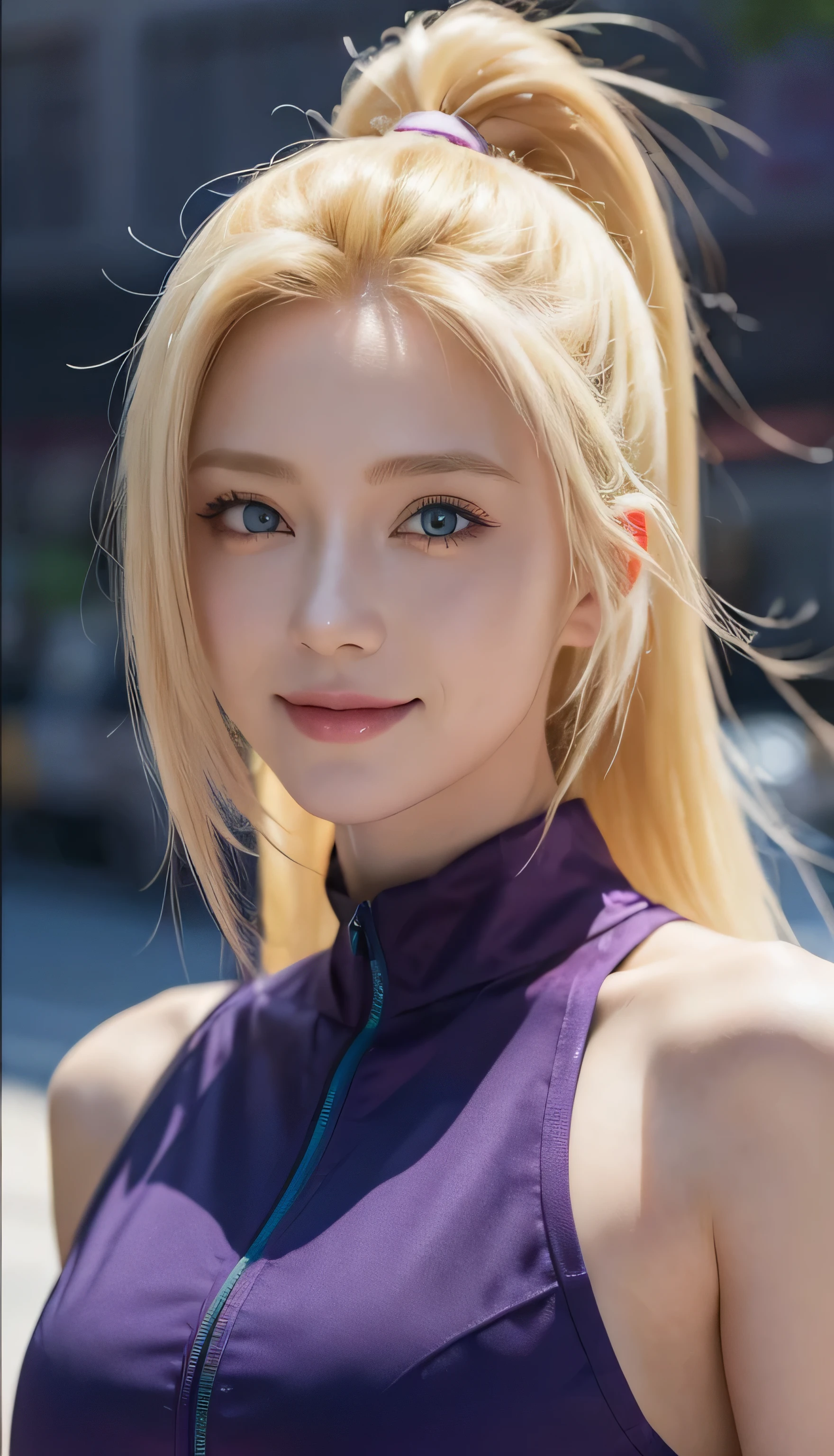 1female, ino in anime anime shippuden, long hair, yellow hair, blue eyes, smile, beautiful, purple clothes, realistic clothes, city background, ultra detail, realistic, masterpiece:1.2, HDR, studio lighting, vivid colors, sharp focus, physicially-based rendering, ultra-fine painting, portraits, landscape