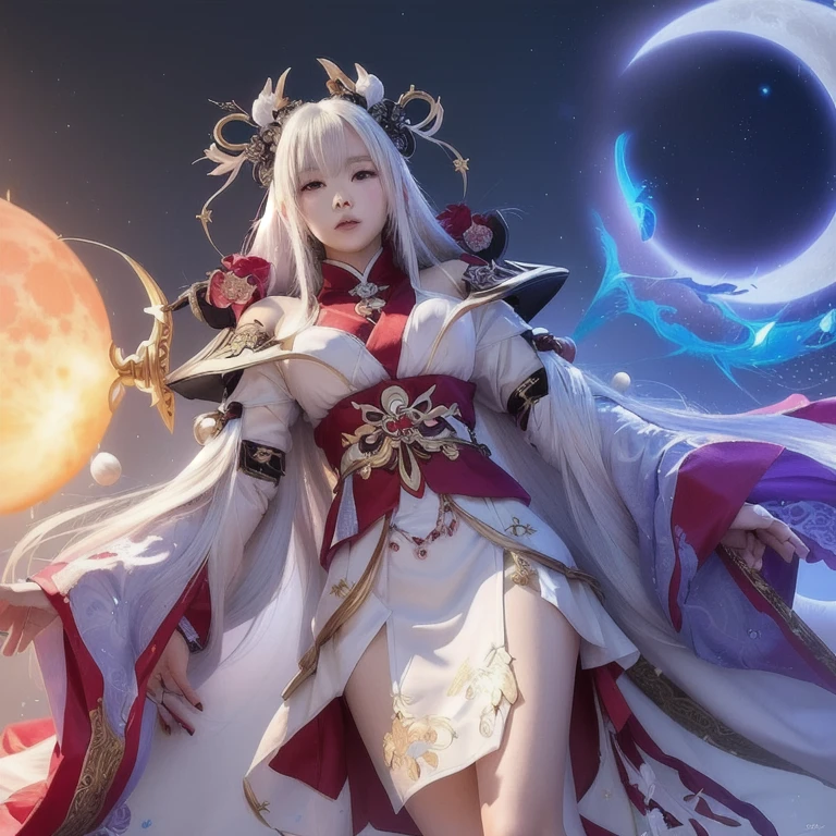 a close up of a woman in a white dress with a sword, onmyoji detailed art, beautiful celestial mage, onmyoji, lunar themed attire, lunar goddess, onmyoji portrait, ne zha from smite, celestial goddess, goddess of the moon, white haired deity