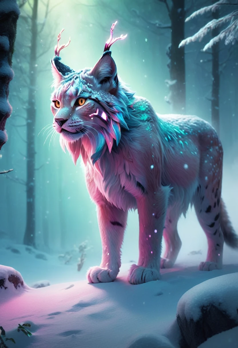 Traumillustration, Fairy tale, Oil painting, 8k, HD, a big lynx roars, Hintergrund, beautiful snowy forest, schwebende Schneeflocken, Schneesturm, HD, golden, Hellcyan, Light blue-green, Magentarot, helles Lila, Mondaufgang Farben, nighttime lighting atmosphere (digitale Zeichnung:1.2), Comic-Stil, Toon-Stil, illustrativer Funk, Retrowave-Graffiti, perspektivische Ansicht, Extreme Nahaufnahme des Gesichts, T-Shirt-Grafik, Ultra HD, realistisch, lebendige Farben, sehr detailliert, UHD-Zeichnung, pen and ink, perfekte Komposition, beautifully detailed intricate insanely detailed Octane Render Trending on Artstation, 8k artistic photography, photorealistisch concept art, weiches, natural, volumetrisches, filmisches, perfektes Licht 