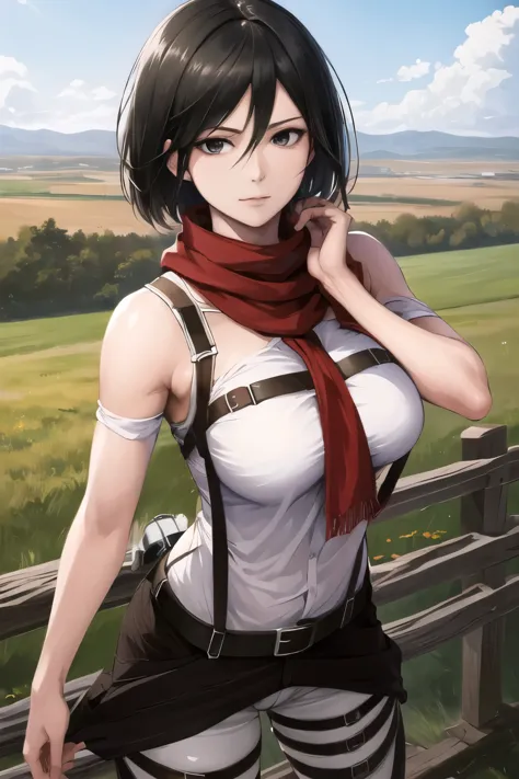 (best quality,highres,masterpiece:1.2), realistic,hmmikasa, black eyes, short hair, red scarf, thigh belt, black pants, white t-...