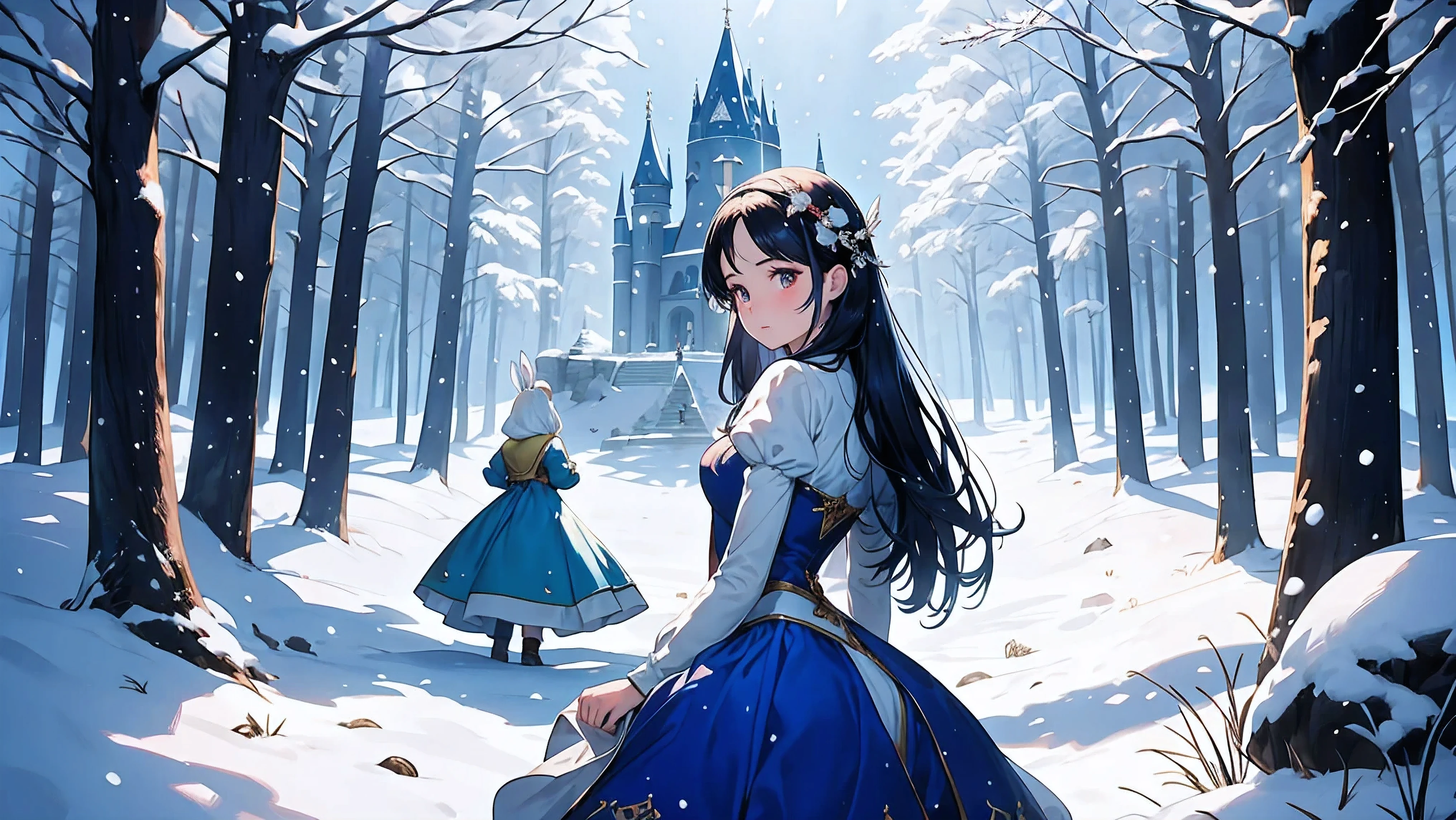 Generate an image that represents Snow White in a movie scene. Blancanieves, with her characteristic blue and yellow dress, It is located in the forest surrounded by leafy trees and forest animals. A su alrededor, The birds sing and the rabbits jump while Snow White walks with grace and serenity. En el fondo, el castillo del malvado reina se alza sobre una colina, envuelto en sombras y misterio. The scene is imbued with an aura of magic and charm, capturing the essence of the classic fairy tale in a memorable cinematic moment