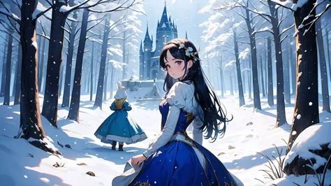 Generate an image that represents Snow White in a movie scene. Blancanieves, with her characteristic blue and yellow dress, It i...