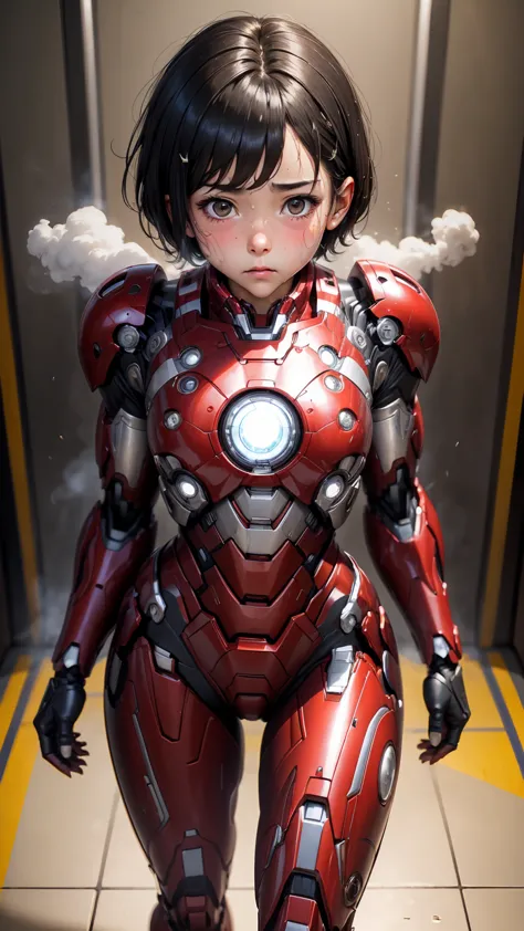 highest quality　8k iron man suit girl　elementary school girl　sweaty face　cute　short hair　boyish　steam coming out of the head　my ...