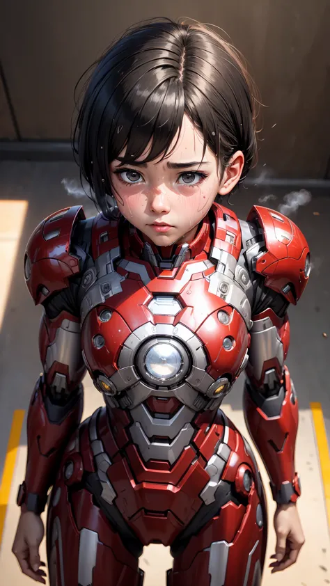 highest quality　8k Iron Man Suit Girl　Elementary school girl　Sweaty face　cute　short hair　boyish　Steam coming out of the head　My ...