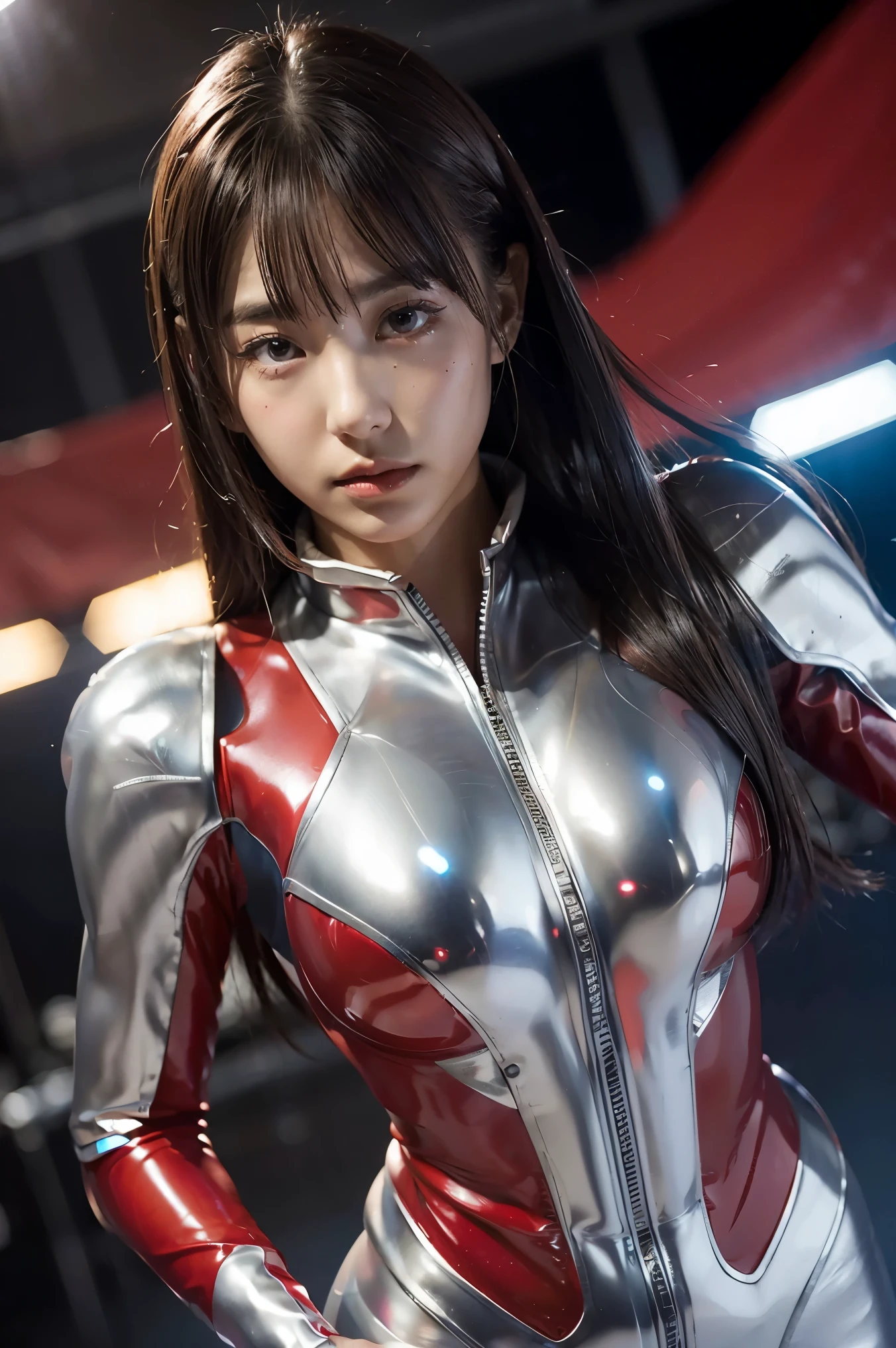 Ultraman、realistic、realistic、cinematic lighting, Girl in a shiny red and silver suit、15 years old、professional photos、Don&#39;Do not expose your skin, japanese model, japanese cgi、Ultraman Suit、, Power Rangers Suit、tight and thin cyber suit,Whole body rubbery、There&#39;s pink There、 delicate body, big breasts、small ass、thin thighs、thin arms、thin waist、camel toe、Both sides of the cyber suit stick to the skin、Big eyes、black short hair、facing the front、facing the front立っている、A glowing sphere is embedded in the chest.、Essay Examination、 blue sky background