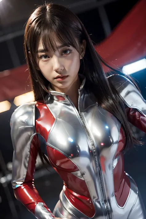 ultraman、realistic、realistic、cinematic lighting, girl in a shiny red and silver suit、15 years old、professional photos、don&#39;do...