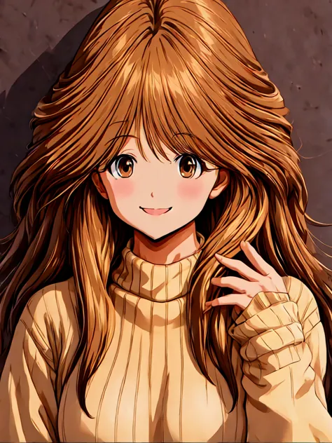 1girl, solo, looking at viewer, smile, brown hair, long sleeves, brown eyes, upper body, hand up, medium hair, sweater