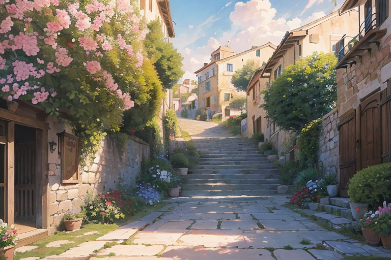 painting of a beautiful house front decorate with many roses,pink and half glass door, stone pathway,small stairs to the door, hanging door lamps, sunkissed image,flowers, beautiful art uhd 4 k, a beautiful artwork illustration, beautiful digital painting, highly detailed digital painting, beautiful digital artwork, a bustling magical town, mediterranean fisher village, mediterranean city, detailed painting 4 k, ancient mediterranean village, very detailed digital painting, rich picturesque colors, gorgeous digital painting