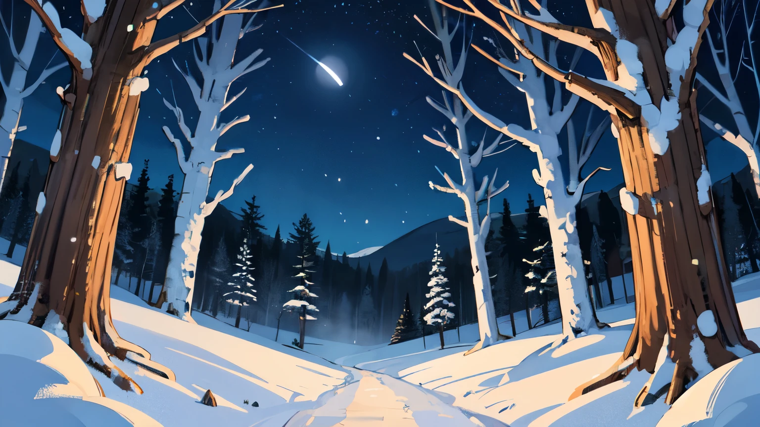 forêt d&#39;hiver, nuit, Les étoiles dans le ciel