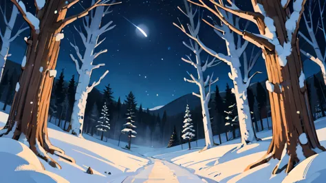 winter forest, night, Stars in the sky