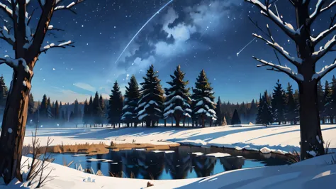 winter forest, night, Stars in the sky