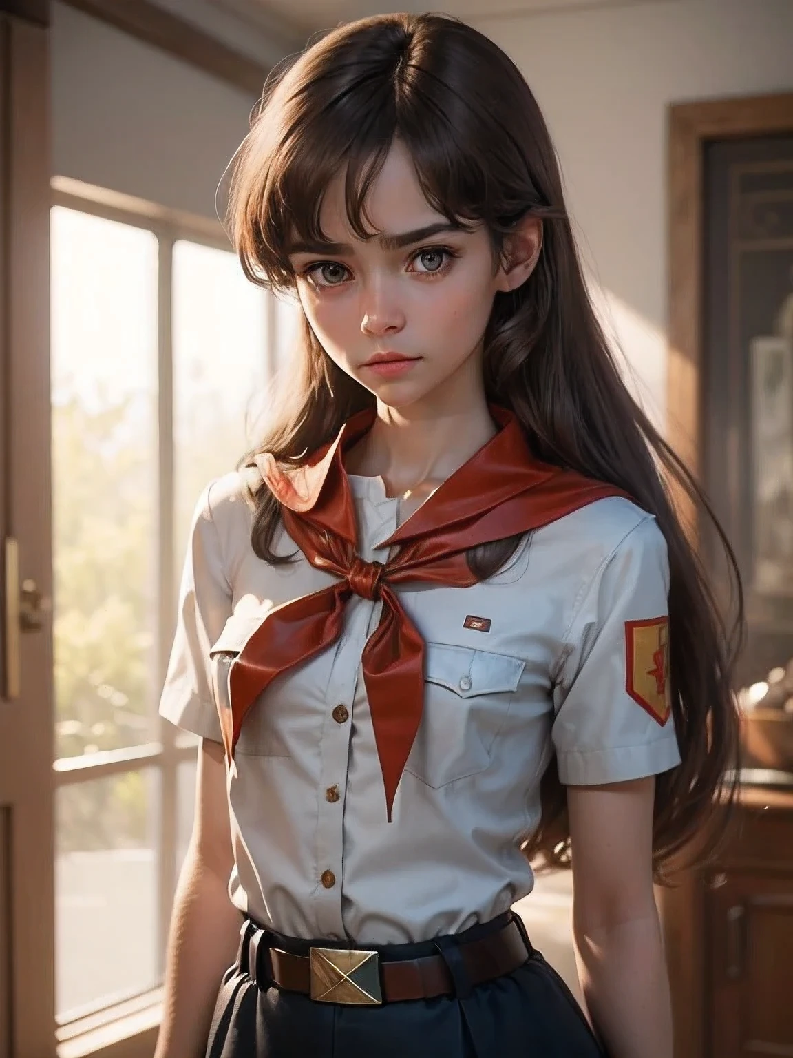 detailed eyes, full height, masterpiece, (((skinny body))), 8k vector photography, very young girl, beautiful brown eyes, realistic lighting, detailed outfit, realistic facial features, hyper detail, ((perfect angle, perfect pose)), ((very long brown disheveled hair)), a strand between eyes, small breasts, pioneer neckerchief, pioneer movement soviet pioneer, micro blue skirt, bangs, shirt, , collarbone, very toght white shirt, belt, neckerchief, eyelashes, red neckerchief, pocket, parororo, 