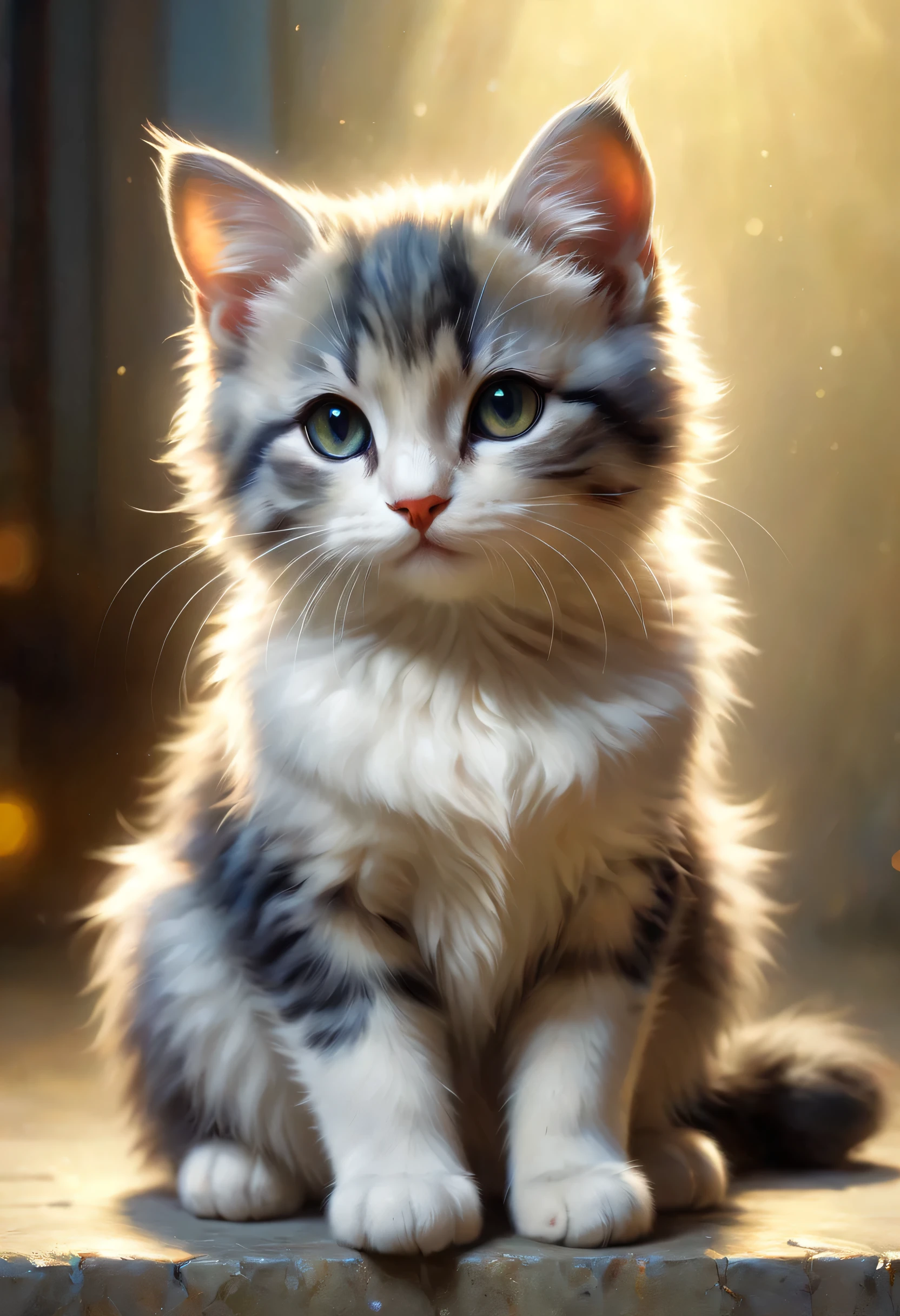 A cute cat greets the viewer, Pierre＝Art by Auguste Renoir and Jeremy Mann, (Viewpoint angle:1.2), Realistic, Ray Tracing, Beautiful lighting,masterpiece