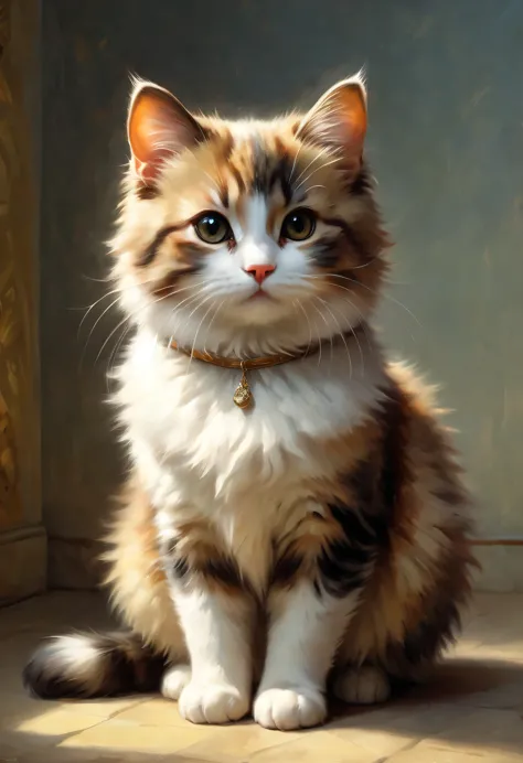 Cute munchkin cat greets viewers, Pierre＝Art by Auguste Renoir and Jeremy Mann, (Viewpoint angle:1.2), Realistic, Ray Tracing, B...