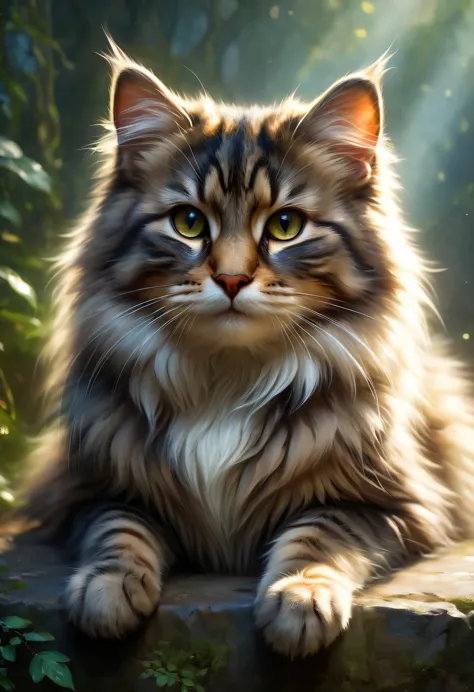 A cute Siberian Forest Cat greets the viewer, Pierre＝Art by Auguste Renoir and Jeremy Mann, (Viewpoint angle:1.2), Realistic, Ra...