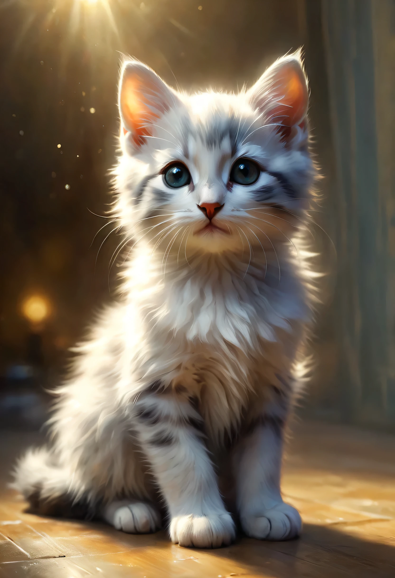 A cute cat greets the viewer, Pierre＝Art by Auguste Renoir and Jeremy Mann, (Viewpoint angle:1.2), Realistic, Ray Tracing, Beautiful lighting,masterpiece