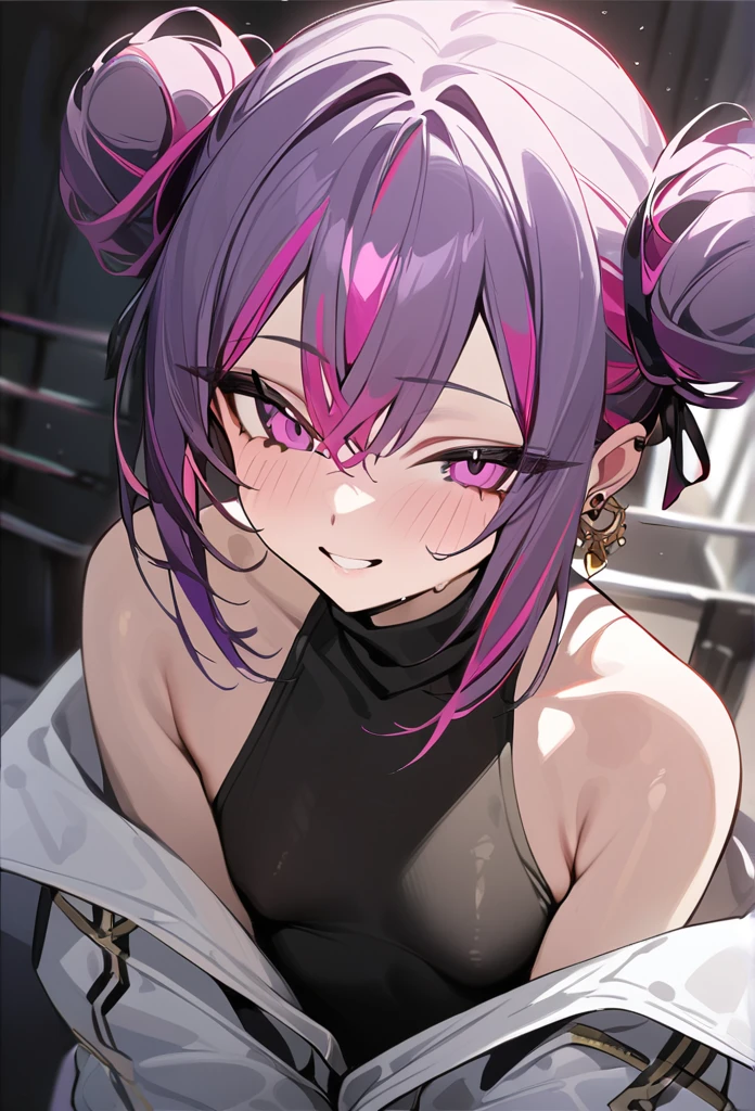 pink eyes, solo, masterpiece, best quality, 1girl, white jacket, black turtleneck, gold earrings, double bun, jewelry, long sleeves, two tone hair, multicoloured hair, rose hair, (([rose hair | ((dark purple hair))])), emote face smile, off-shoulder, small breasts, ((asymmetrical sidelocks)),