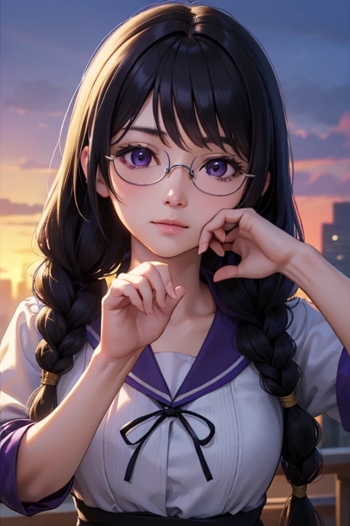 Hanekawatsubasa, Hanekawa Tsubasa, cheveux longs, cheveux noirs, ornements de cheveux, (yeux violets:1.1), Tressage, Barrette, Twin Tressages, Naoetsu élevé , Lunettes,
CASSER skirt, , Naoetsu élevé ,
CASSER outdoors, ville,
CASSER looking at viewer, CASSER (Table:1.2), la plus haute qualité, Haute résolution, unité 8k fond d&#39;écran, (chiffre:0.8), (Beaux détails fins:1.6), visage très détaillé, éclairage parfait, CG très détaillé, (des mains parfaites, anatomie parfaite),