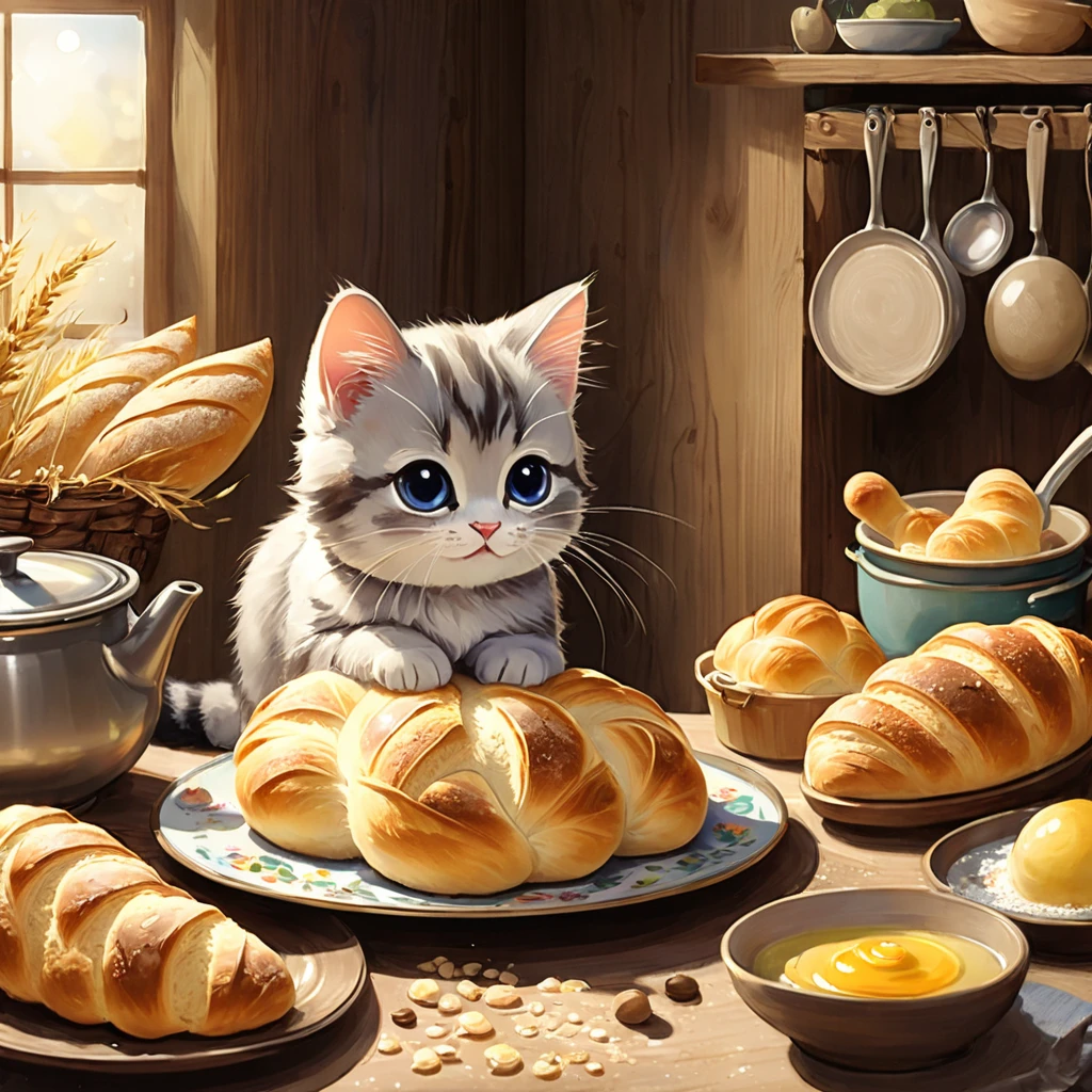 cuteAn illustration,Catハウス,Catの親子:animal:cute:Cooking time:looks happy,An illustration,pop,優しいcolor,豊富なcolor,colorfulに,color,dim,Lamp light,Catの親子が料理を作っています:Dreaming happy dreams,The nest is warm and happy,Fancy,Fantasy,patchwork,Detailed explanation,Intricate details,rendering,finely,fluffyな質感,Beautiful light and shadow,fluffy,Randolph Caldecott Style,Cat,最高にcuteCat,a bit,Mix the flour with water and knead,Making bread,Place the bread on a flat plate,ordinary bread,French bread,Croissant,apron,Cook&#39;hat