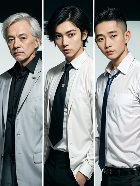 Three Men,japanese men,Yellow Magic Orchestra, synthpop, techno,Wearing a white dress shirts, Wearing a tie