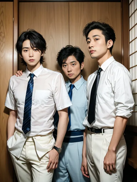 Three Men,japanese men,Yellow Magic Orchestra, synthpop, techno,Wearing a white dress shirts, Wearing a tie