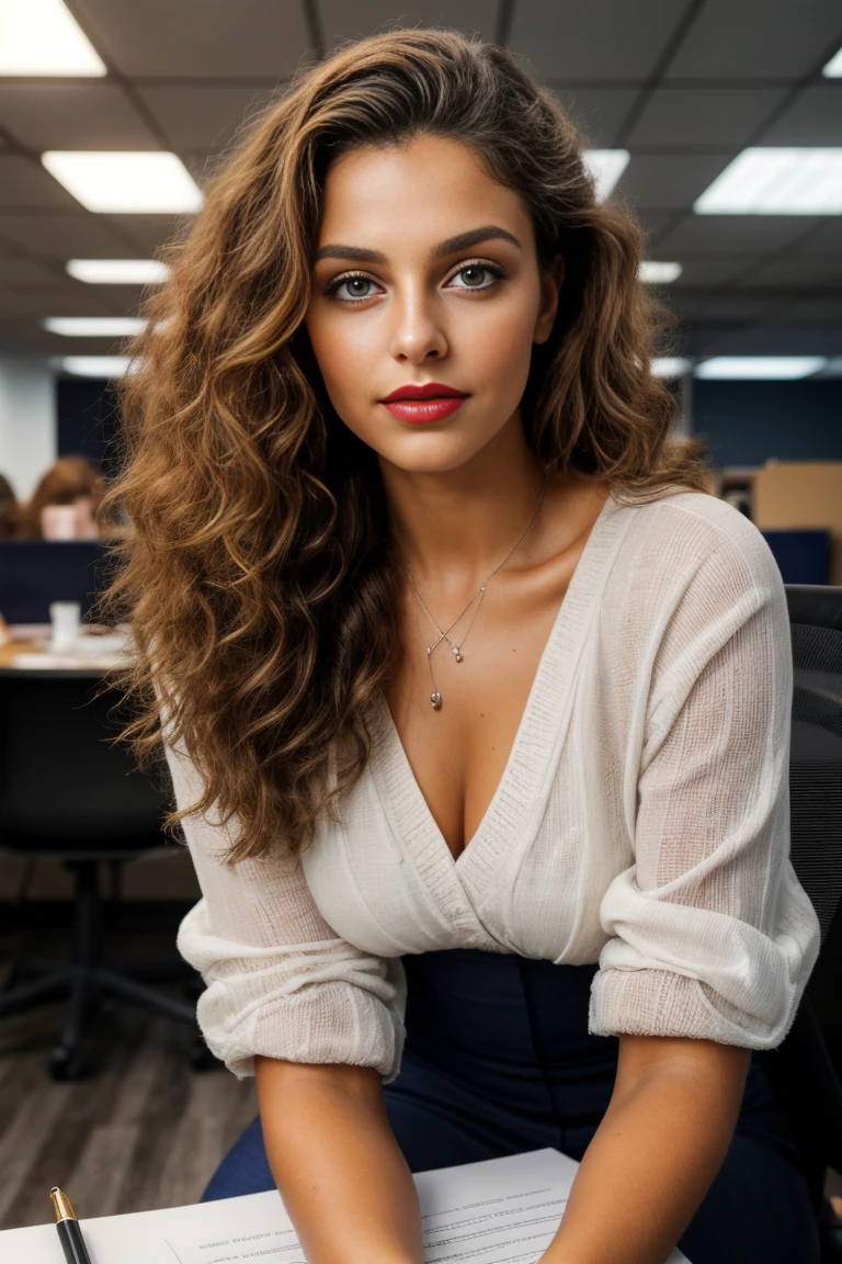 first person point of view,sitting in front of a 19-year-old gorgeous office intern,beautiful big eyes,beautiful red lips,detailed facial features,curly long hair,professional attire,focused gaze,intelligent expression,confident posture,desk in the background,computers and paperwork on the desk,modern office setting,bright and vibrant colors,soft natural lighting,artistic portrait style,medium: oil painting,masterpiece: 1.2,ultra-detailed,realistic,photorealistic: 1.37,vivid colors