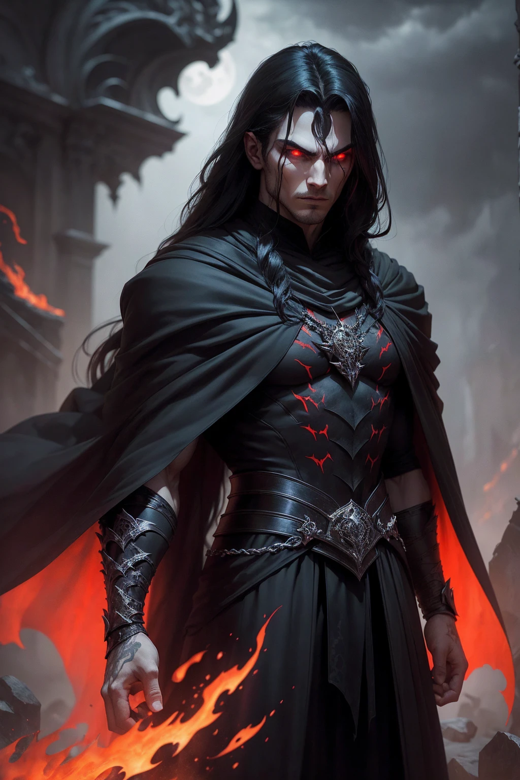 a dark muscular male evil lord, long flowing black hair, black and red cloak, piercing red eyes, menacing expression, powerful aura, standing in a dimly lit chamber,, casting eerie shadows, , adorned with intricate details, with a sinister grin, exuding an aura of darkness, with an intimidating presence, in a gothic castle, with imposing architecture, shrouded in mist, under a blood-red moon, with a storm brewing in the background, creating a foreboding atmosphere, reminiscent of a dark fantasy novel cover, with a dramatic lighting, emphasizing the contrast between light and shadow, evoking a sense of mystery and danger, with a touch of supernatural elements and captivating artistry."