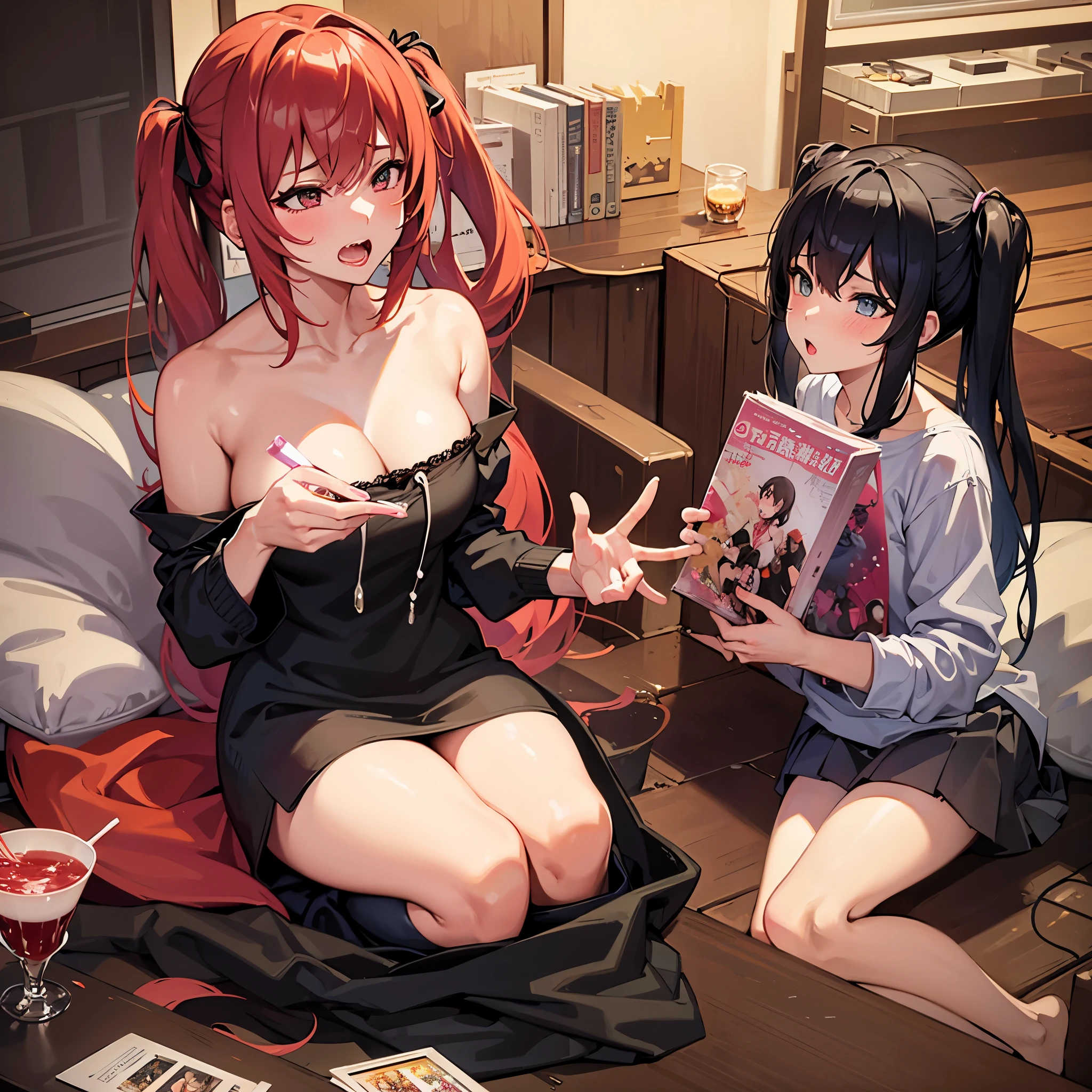 Anime characters sitting on a bed with a book and a magazine - SeaArt AI