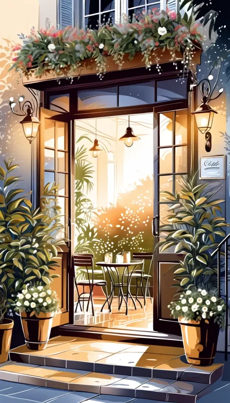 Hand drawn illustration of outdoor cafe entrance with aromatic coffee, delicate and elegant decoration.Flores y plantas frescas ...