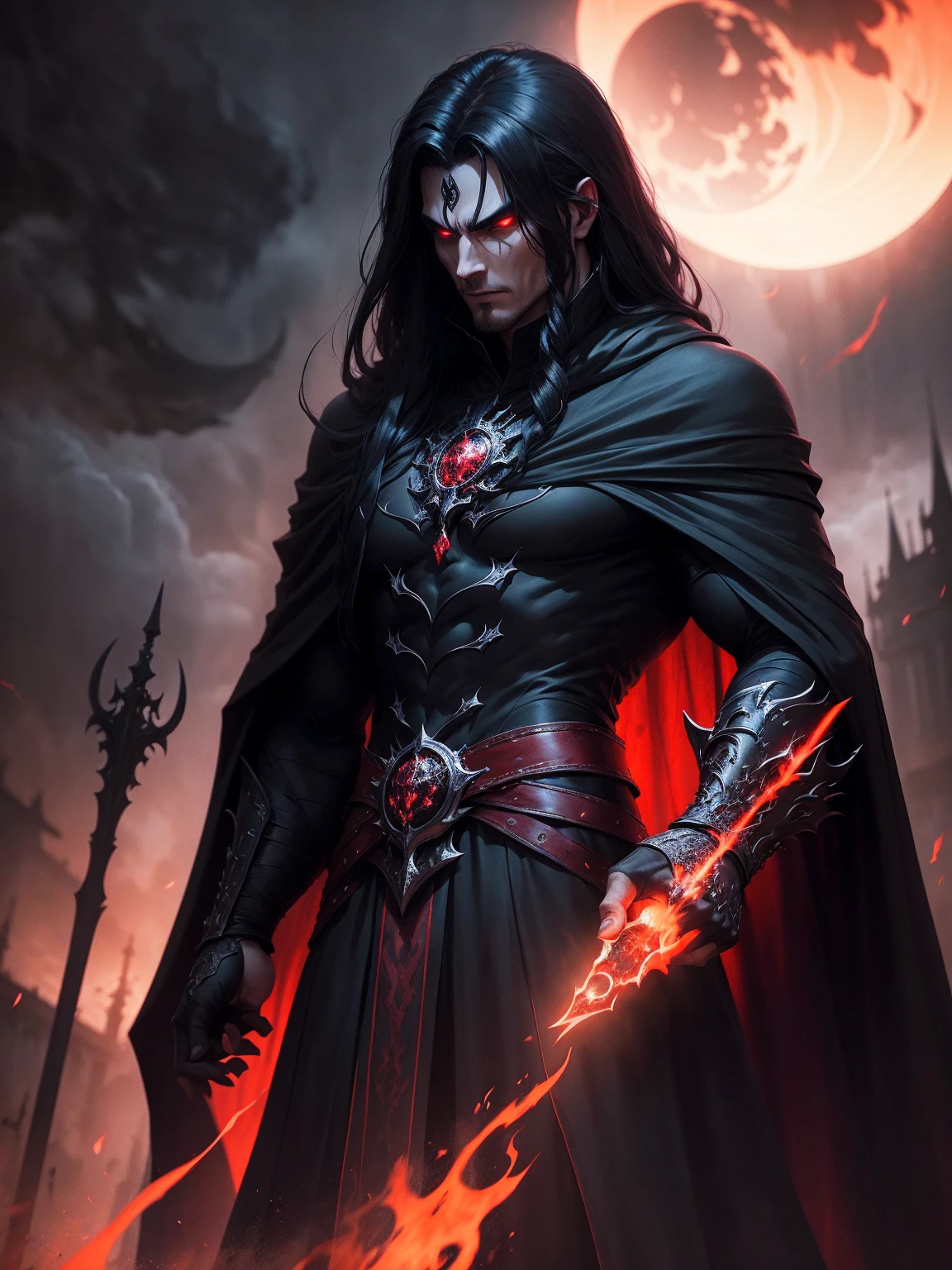 a dark muscular male evil lord, long flowing black hair, black and red cloak, piercing red eyes, menacing expression, powerful aura, standing in a dimly lit chamber,, casting eerie shadows, , adorned with intricate details, with a sinister grin, exuding an aura of darkness, with an intimidating presence, in a gothic castle, with imposing architecture, shrouded in mist, under a blood-red moon, with a storm brewing in the background, creating a foreboding atmosphere, reminiscent of a dark fantasy novel cover, with a dramatic lighting, emphasizing the contrast between light and shadow, evoking a sense of mystery and danger, with a touch of supernatural elements and captivating artistry."