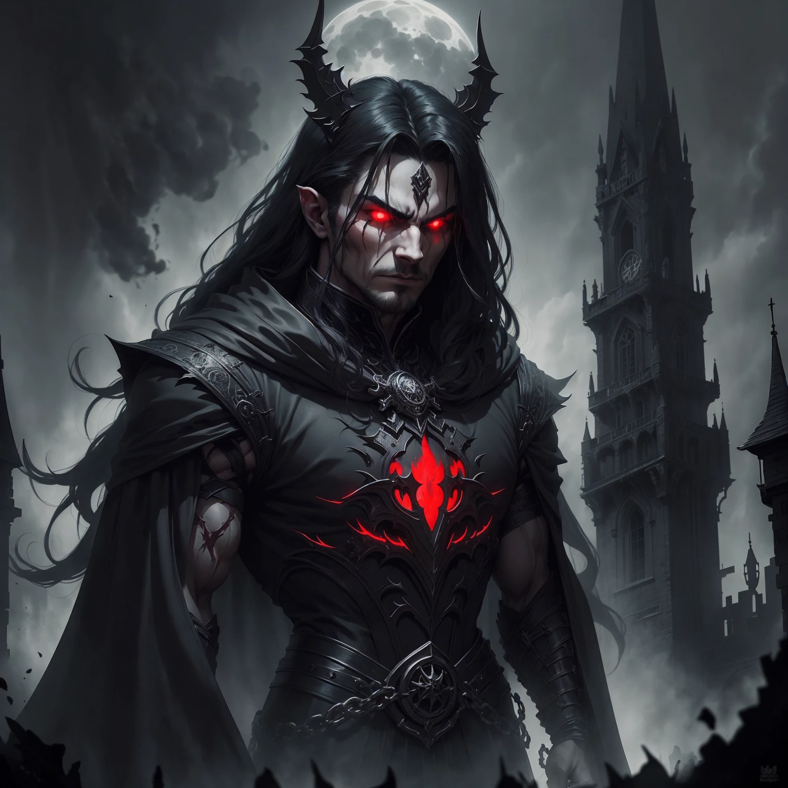 a dark muscular male evil lord, long flowing black hair, black and red cloak, piercing red eyes, menacing expression, powerful aura, standing in a dimly lit chamber,, casting eerie shadows, , adorned with intricate details, with a sinister grin, exuding an aura of darkness, with an intimidating presence, in a gothic castle, with imposing architecture, shrouded in mist, under a blood-red moon, with a storm brewing in the background, creating a foreboding atmosphere, reminiscent of a dark fantasy novel cover, with a dramatic lighting, emphasizing the contrast between light and shadow, evoking a sense of mystery and danger, with a touch of supernatural elements and captivating artistry."