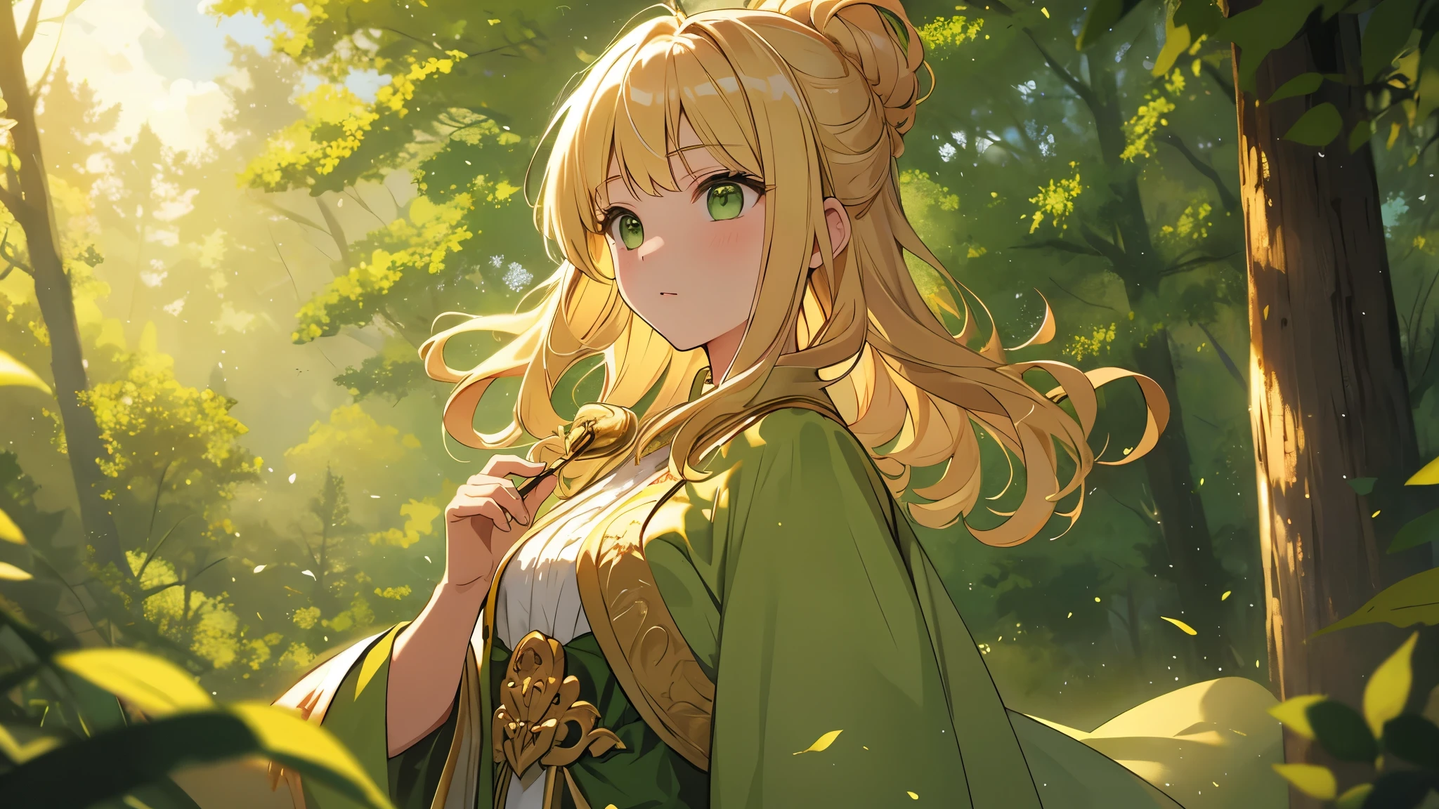 blonde hair, green eyes, princess, royalty, medium hair, fit body, dynamic angle, forest background, princess robes, gentle,  [[[masterpiece, ultra-detailed, best quality, wooden flute]]]