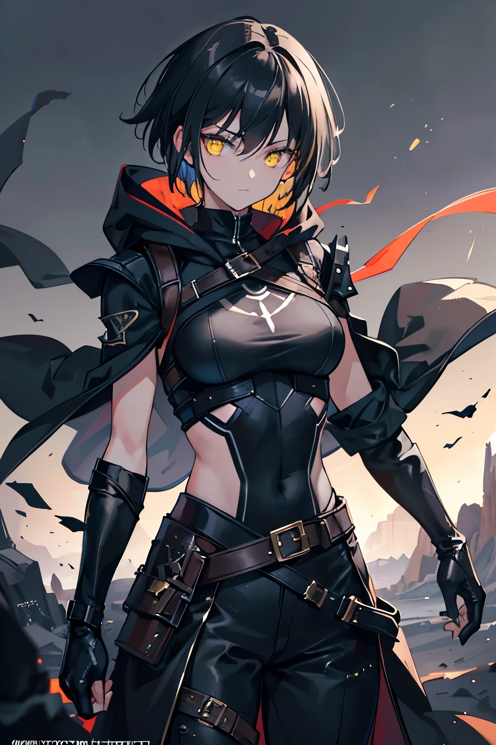 (high-quality, breathtaking),(expressive eyes, perfect face) ((1boy)), male, solo, young adult, black hair, yellow eyes, (short spiky hairstyles) short hair length, (dark skin), soft serious expression, Archer profession, thief attire, cargo pants, lots of belts, Black leather armor, cloak and dagger, environment background, fantasy clothing, fantasy attire, DnD rogue Class, half body, black and brown clothing palette, ((tan skin color)), rogue, leather arm guards, fantasy, (big Stigmata), character focus, ((black light)),((dark lighting)), cinematic lighting ,(darkness), (concept art), (glowing eyes), high resolution, extremely detailed CG unity 8k wallpaper, ((masterpiece)), ((top-quality)), (beautiful illustration), ((an extremely delicate and beautiful)), (masterpiece, Best quality, ultra high resolution), glowing yellow eyes, Luminous_eyes, ultra detailed eyes, Beautiful and detailed face, detailed eyes, (Centered, torso), (wide shot:0.9), facing the viewer, Eye level, ((fully clothed))