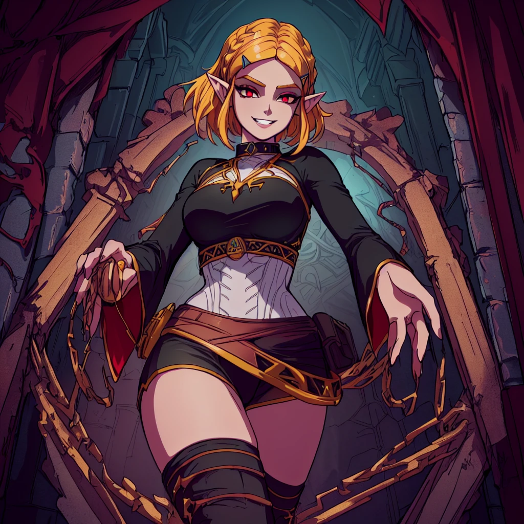 (zelda totk reimagined as a corrupted dark queen by ganon  )+++, sfw++,masterpiece, best quality, high quality, illustration, film grain,(perfect female )++, beautiful detailed eyes,  (symbol of evil:1.2),milf zelda, lascivious woman, (evil smile:1.1), (villain, dark heroine:1.2), (perfect female proportions:1.1), (seductive eyes:1.2), eyeliner, mascara, sexy makeup, (seductive smile:1.2), (mature woman:1.4),masterpiece, best quality, high quality, illustration, film grain, 1girl, (glowing evil red eyes), evil grin, crazy eyes, (high resolution, masterpiece, ultra best quality, insanely amazing hyper fine extremely detailed, official:1.4) dark heroine anime girl with short hair in a dark and evil place, extremely detailed artgerm, (official:1.4), dynamic composition, (solo girl:1.4), {sfw}, masterpiece, ultra-detailed, iconic attack, dominatrix, spiked collar, dark kingdom, bad end, 1girl, solo female, solo focus, mature female, standing, full body, looking at viewer, dark zelda totk, dark queen, evil, corruption, contrapposto, mind break, blond hair, (short hair:1,5), evil smile, lips, eyelashes, evil grin, dark aura, thigh_clothes, ,alternate costume, bdsm, (intricate details:1.12), (intricate details, hyperdetailed:1.15), hdr, dungeon, (at night:1.2), fireplace, warm light, dramatic light, cinematic,creepy dungeon, dark aesthetic, goth aesthetic, creepy, ominous background, dark atmosphere, death atmosphere, green and red atmosphere, evil dungeon background, gothique, faint darkness, ((red glow crotch tattoo)), 