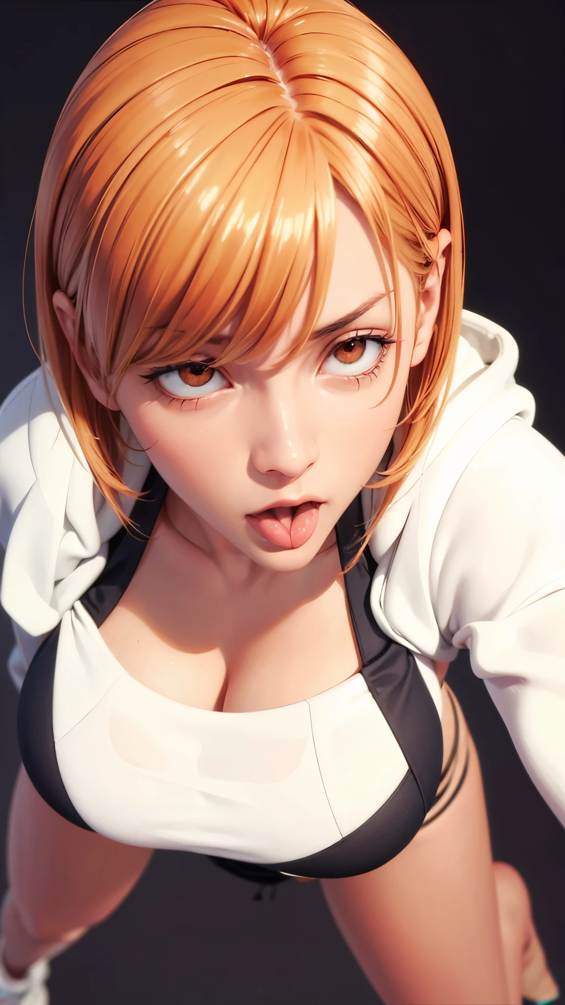（（（Perfect figure，figure，独奏， （（（A white hoodie jacket with a deep blue pattern on the shoulders, black pants, and white sneakers ））），（（（nobarakugisakinova，Orange Eyes，orange short hair））），((masterpiece)),high resolution, ((Best quality at best))，masterpiece，quality，Best quality，（（（ Exquisite facial features，Looking at the audience,There is light in the eyes，(（（ahegao，open mouth，Stick out your tongue））)，））），型figure:1.7））），（（（Light and shadow，Huge breasts））），（（（Looking at the camera，black background，）））