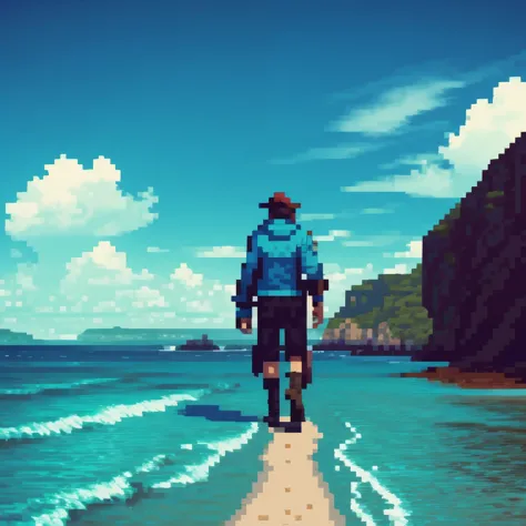 a pirate, walking away, on a beach, wearing a cyan jacket