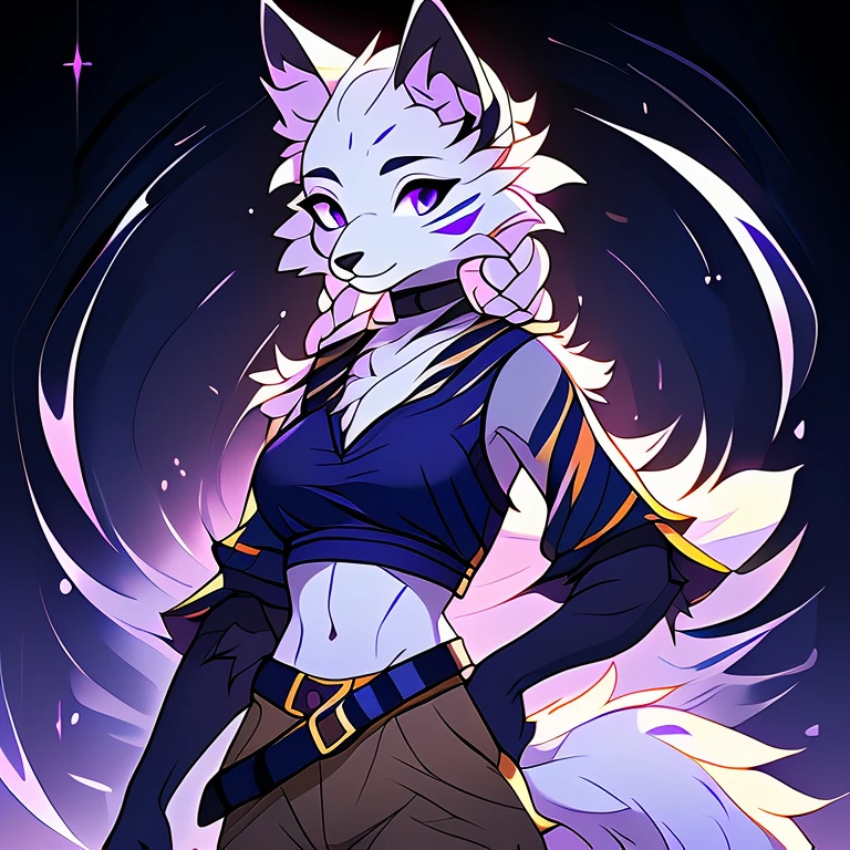 Solo, sfw, Young Female white fox-cat (((lean-body))) (((medium breasts))) (short snout),(((fur (black stripe) between neck and shoulder towards chest))) ((fur (black stripes) on waist))(ears are darker), (heterochromia (violet, orange, violet)), (cat tail (black at end)), (white hair (single-braided)), (fantasy adventure type clothing ((violet shirt (crop top) (dark fur strips on waist)), golden-brown cloak, (navy-blue belt) khaki pants)), ((Female wolf)) (detailed eyes) (clevedge, (collarbone, shoulders), (solo, (1girl)) ((((fluffy white fur)))) ((extremely detailed fur)) (violet crop top)