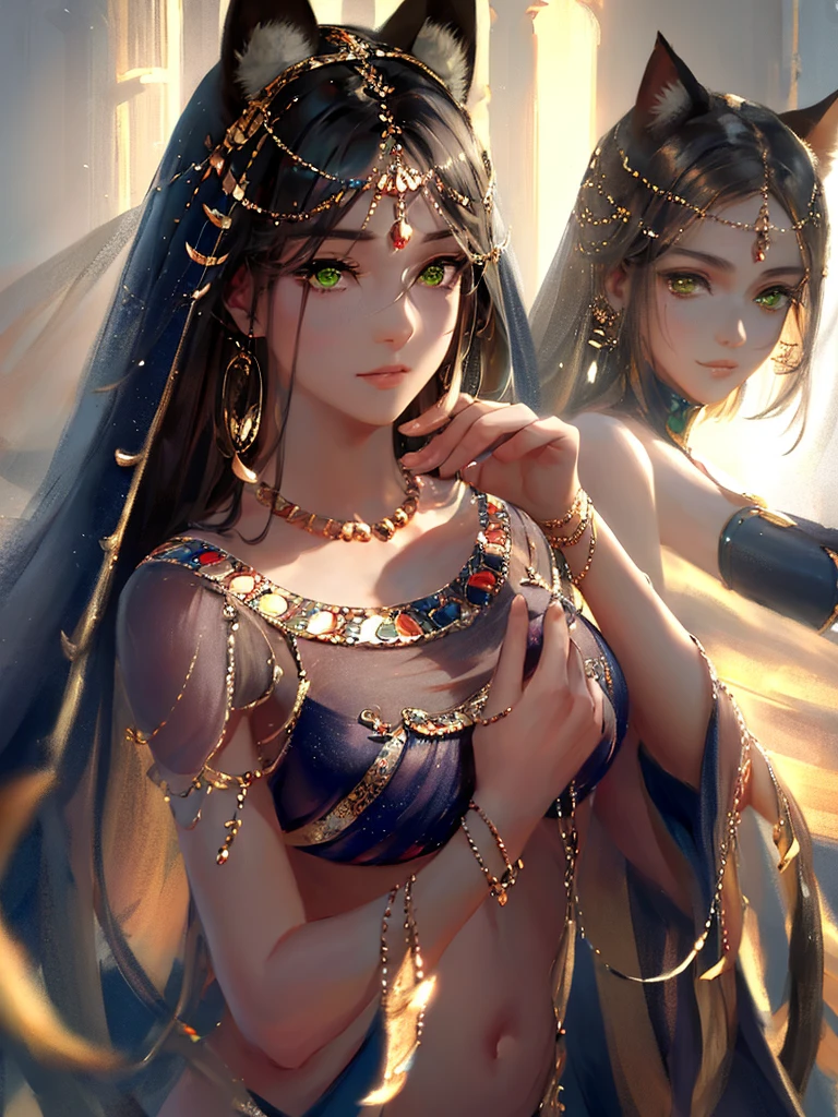 very good illustration, High detail, dynamic angle, beautiful detailing,2D, (Best quality, masterpiece, Beauty, tenderness), Anime, Highly detailed face, very detailed eyes, very detailed background, Ideal lighting, Whole body, 1 girl, One, (Very detailed cat ears), (Very detailed ears behind the hair)? Goddess Bastet, Ancient Egypt \(Очень подробный Ancient Egyptian\), Very detailed clothes, green eyes, Finely detailed eyes, ears covered with hair, (Very detailed background) Highly detailed hands, very detailed hands
