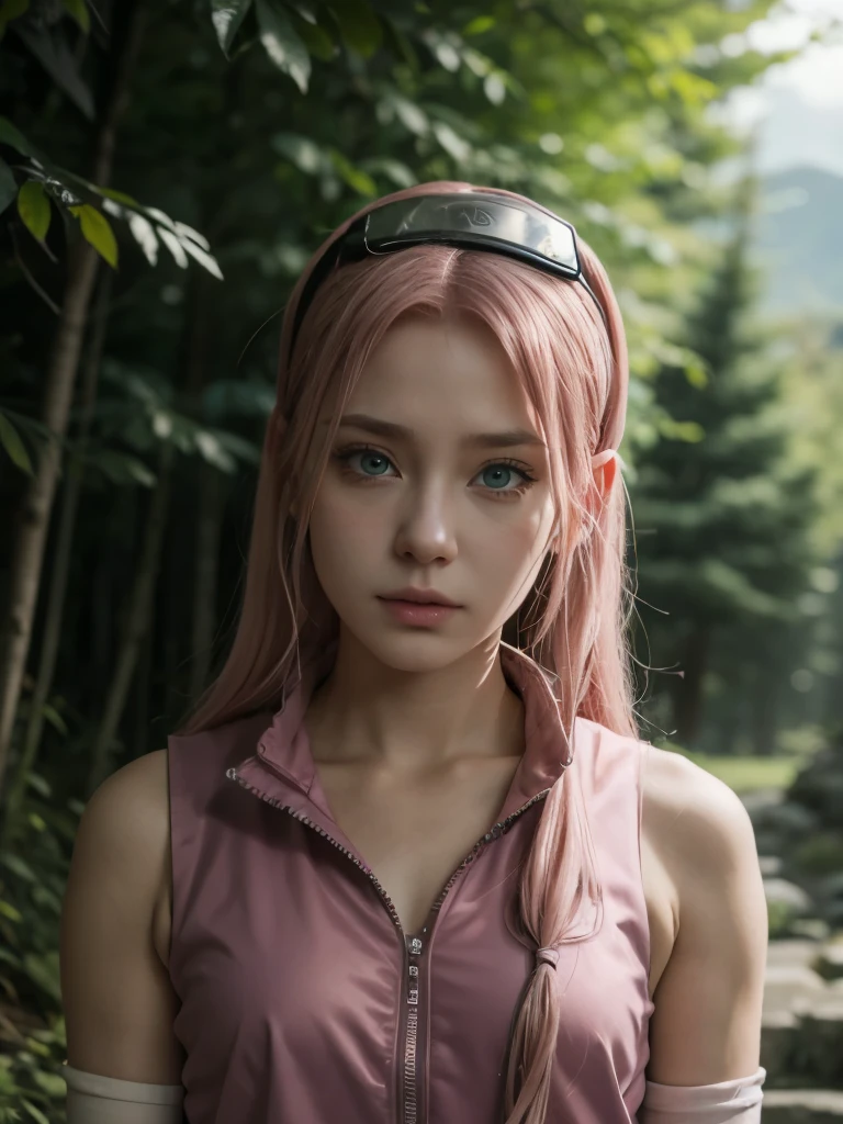 Uma garota fazendo cosplay da personagem Sakura do anime Naruto Shimpudder. Ela tem longos cabelos rosa, uma bandana amarrada em branco, um colete ninja verde, fantasia de naruto shimpudder, cosplay ultra realista e detalhado da personagem Sakura. Obra de arte, Ultra HD, 8K, fotografia, pele verdadeira, cabelo de verdade, Fundo desfocado f1.2. Obra de arte, professional realistic fotografia style. 