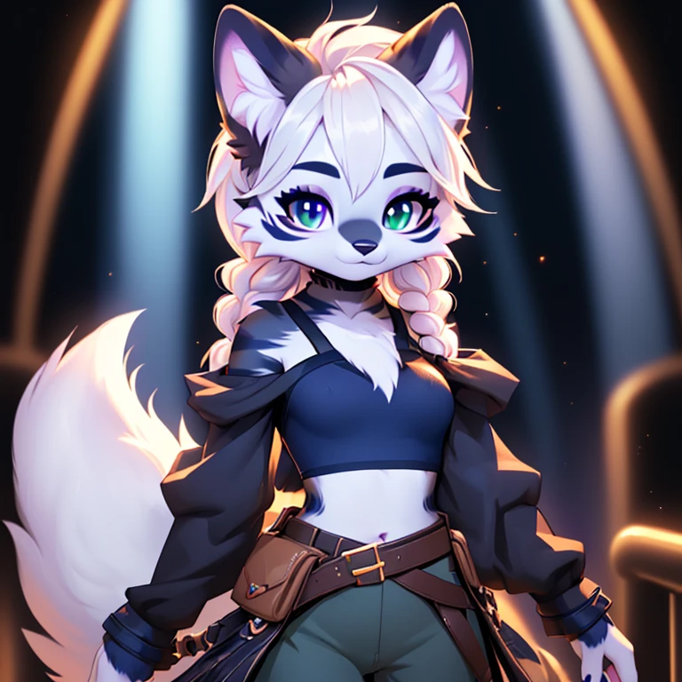 Solo, sfw, Young Female white fox-cat (((lean-body))) (((medium breasts))) (short snout),(((fur (black stripe) between neck and shoulder towards chest))) ((fur (black stripes) on waist))(ears are darker), (heterochromia (orange, violet)), (cat tail (black at end)), (white hair (single-braided)), (fantasy adventure type clothing ((violet shirt (crop top) (dark fur strips on waist)), golden-brown cloak, (navy-blue belt) khaki pants)), happy ((looking at viewer)) ((Female wolf)) (detailed eyes) (clevedge, (collarbone, shoulders), (solo, (1girl)) ((((fluffy white fur)))) ((extremely detailed fur)) (violet crop top)