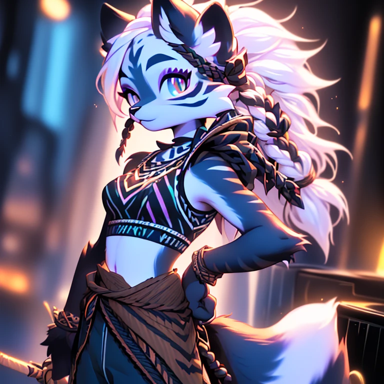 ( Absurdly , High quality , ultra detailed ) ,( hand detailed ) , 1girl, solo, mature, Solo, sfw, Young Female white fox-cat (((lean-body))) (((medium breasts))) (short snout),(((fur (black stripe) between neck and shoulder towards chest))) ((fur (black stripes) on waist))(ears are darker), (heterochromia (orange, violet)), (cat tail (black at end)), (white hair (single-braided)), (fantasy adventure type clothing ((violet shirt (crop top) (dark fur strips on waist)), golden-brown cloak, (navy-blue belt) khaki pants)), happy ((looking at viewer)) ((Female wolf)) (detailed eyes) (clevedge, (collarbone, shoulders), (solo, (1girl)) ((((fluffy white fur)))) ((extremely detailed fur)) (violet crop top)