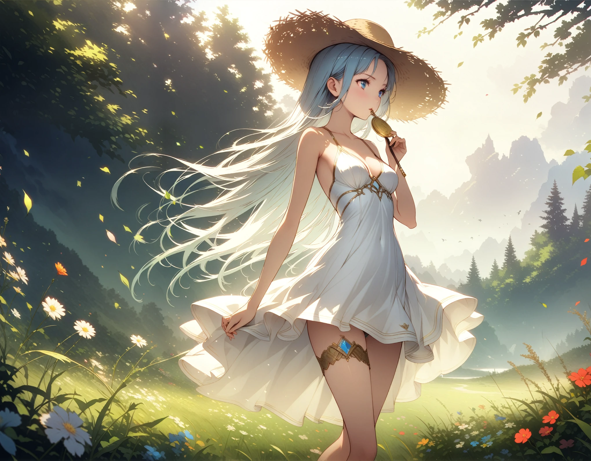 one young girl with straw hat standing on the plateau at dawn, wearing white one-piece dress blowing up with bleezing, old sister taste, straight long hair, grassland, fresh scene, early summer, 32k, ((eternal classic, best quality, ultra-detailed, an extremely delicate and beautiful)), ((extremely detailed CG unity 8k wallpaper)), ((award winning, ccurate, UHD, textured skin, chromatic aberration, perfect anatomy, golden ratio)), (concept art), (exquisite attention to detail), ((perfect_composition, perfect_design, perfect_layout, perfect_detail, ultra_detailed)), ((aesthetic harmony))