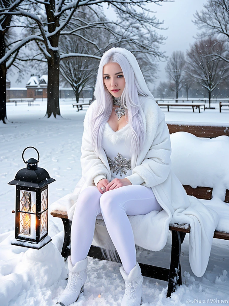 araffe sitting on a snowy bench with a lantern in her hand, in the snow, girl under lantern, inspired by Anne Stokes, in snow, only snow i the background, very long snow colored hair, full body:: snow outside::, in style of anne stokes, cold snow outside, fantasy photoshoot, pale snow white skin, white witch, goddess of winter